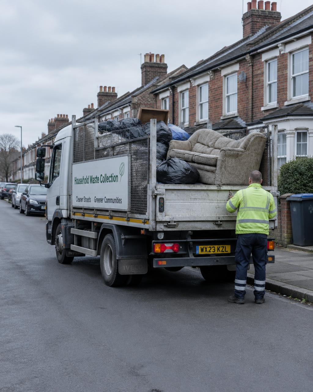 The Waste Collection Company collection lorry loaded with household waste on a UK residential street